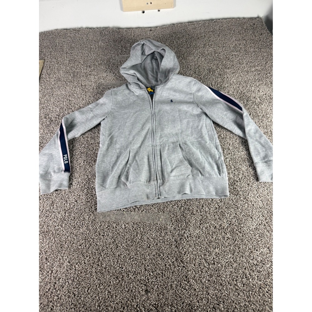 Polo Ralph Lauren Kids XL 16‎ Gray Full Zip Hoodie Side Stripe Logo Sweatshirt